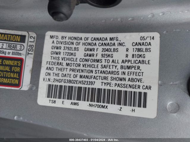 2HGFG3B02EH523397 Honda Civic Ex-l