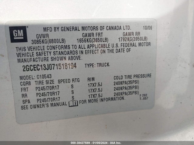 2007 CHEVROLET SILVERADO 1500 LT1 VIN: 2GCEC13J071518194