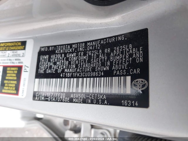 2012 TOYOTA CAMRY SE VIN: 4T1BF1FK3CU098634