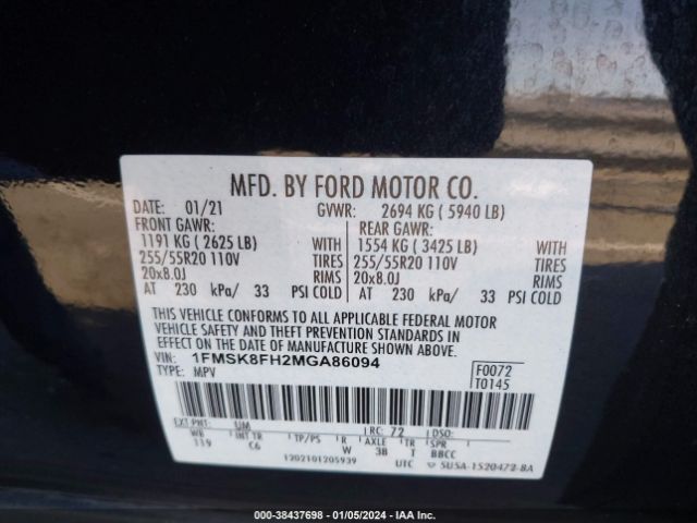 1FMSK8FH2MGA86094 Ford Explorer Limited