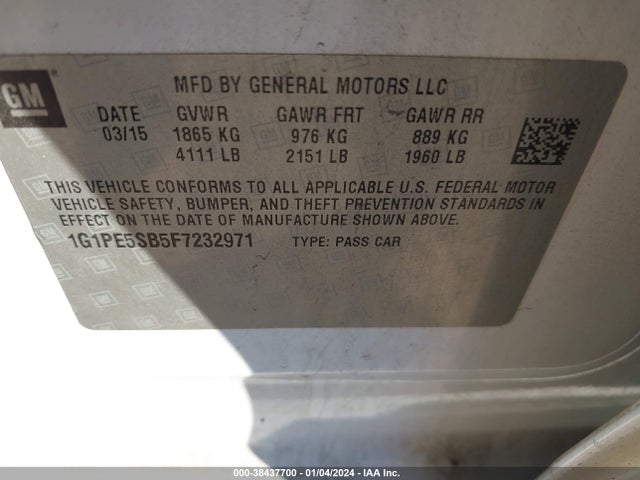 2015 CHEVROLET CRUZE 2LT AUTO VIN: 1G1PE5SB5F7232971