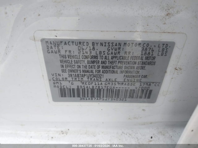 2018 NISSAN SENTRA S VIN: 3N1AB7AP1JY340321