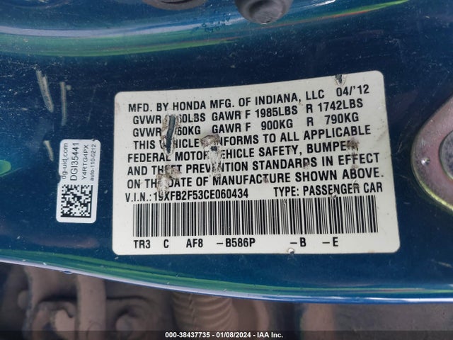 2012 HONDA CIVIC LX VIN: 19XFB2F53CE060434