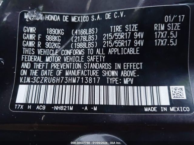 3CZRU6H73HM713817 Honda Hr-v Ex-l