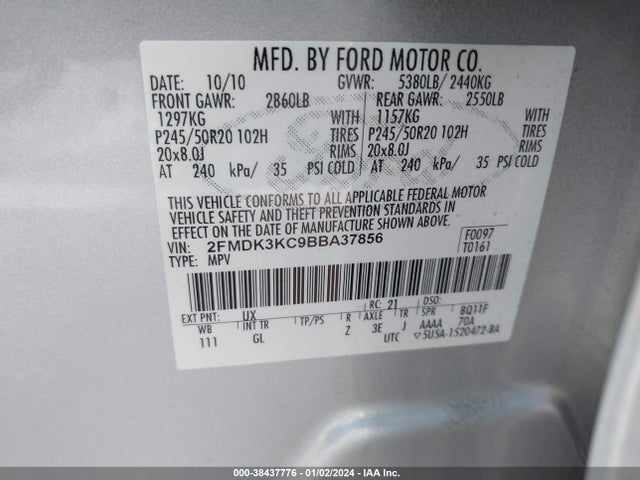 2011 FORD EDGE LIMITED VIN: 2FMDK3KC9BBA37856