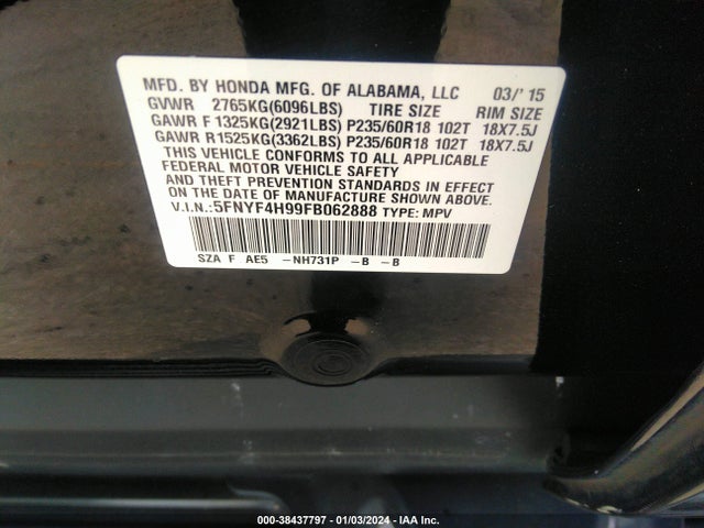 Honda Pilot Touring 2015 5FNYF4H99FB062888 Image 9