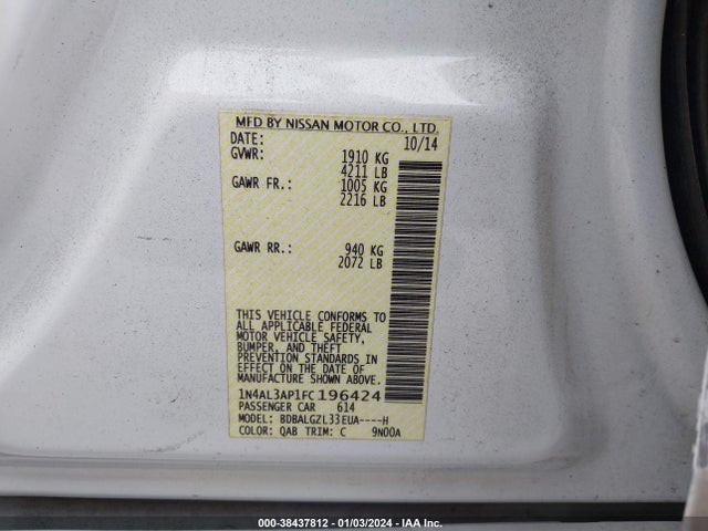2015 NISSAN ALTIMA 2.5 S VIN: 1N4AL3AP1FC196424