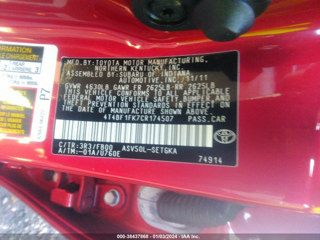 2012 TOYOTA CAMRY XLE VIN: 4T4BF1FK7CR174507
