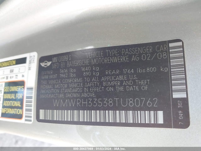 2008 MINI COOPER S WMWRH33538TU80762 Photo 8