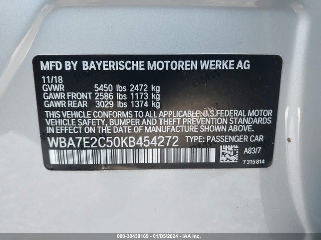 38438169 :رقم المزاد ، WBA7E2C50KB454272 vin ، 2019 Bmw 740i مزاد بيع