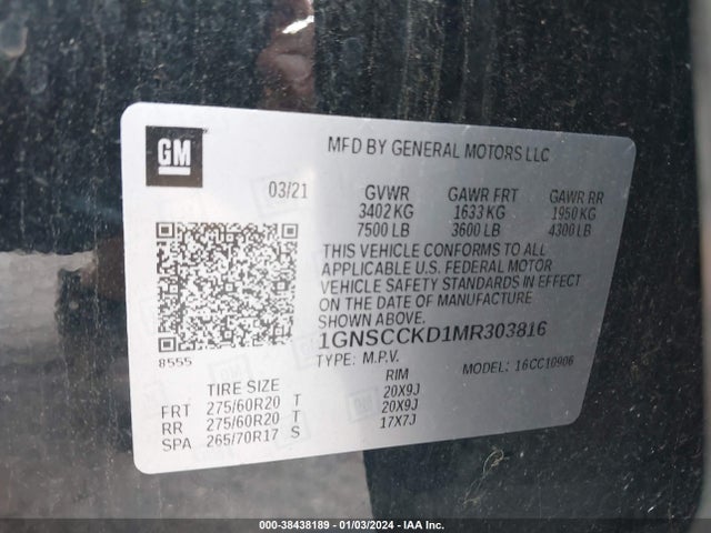 Chevrolet Suburban 2wd Lt 2021 1GNSCCKD1MR303816 Image 9