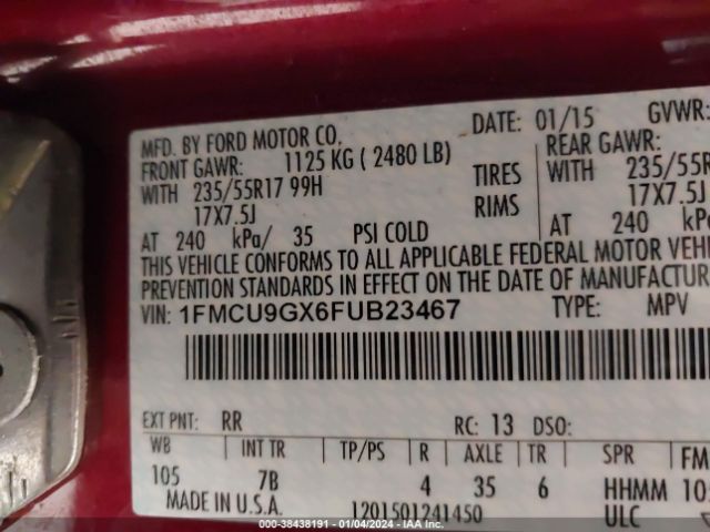 1FMCU9GX6FUB23467 Ford ESCAPE SE
