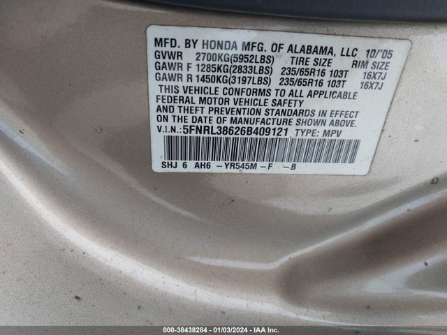 2006 HONDA ODYSSEY EX-L VIN: 5FNRL38626B409121