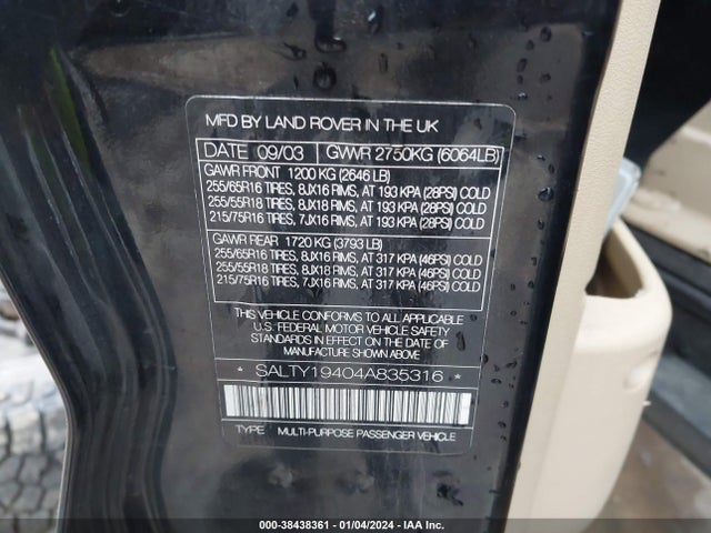 2004 LAND ROVER DISCOVERY SE VIN: SALTY19404A835316