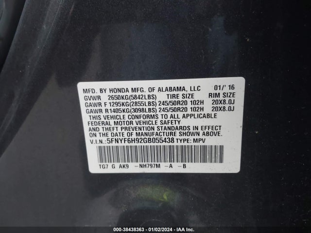 Honda Pilot Touring 2016 5FNYF6H92GB055438 Image 9