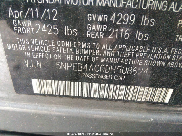 2013 HYUNDAI SONATA GLS VIN: 5NPEB4AC0DH508624