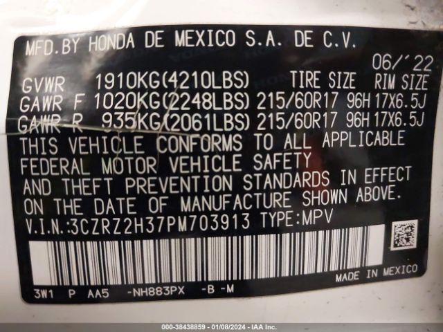 3CZRZ2H37PM703913 Honda Hr-v Awd Lx