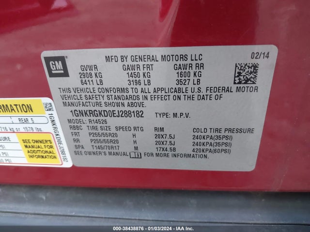 Chevrolet Traverse 1lt 2014 1GNKRGKD0EJ288182 Image 9