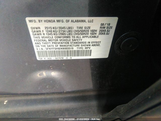 5FNYF5H92KB003519 Honda Pilot Touring