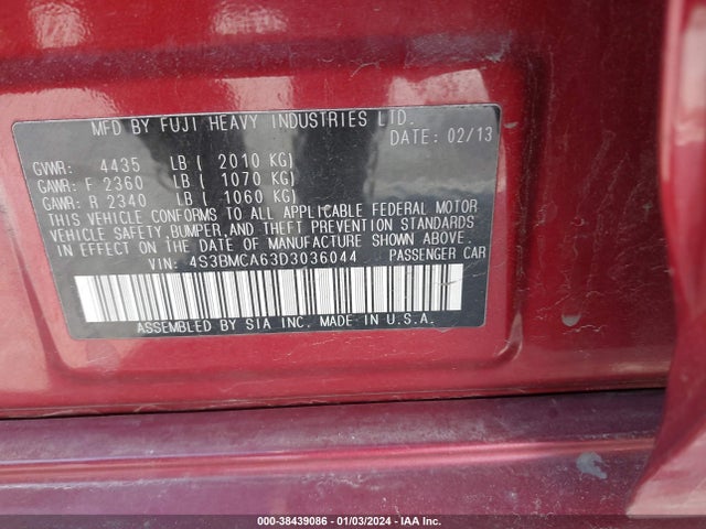 2013 Subaru Legacy 2.5i მანქანა იყიდება აუქციონზე, vin: 4S3BMCA63D3036044, აუქციონის ნომერი: 38439086