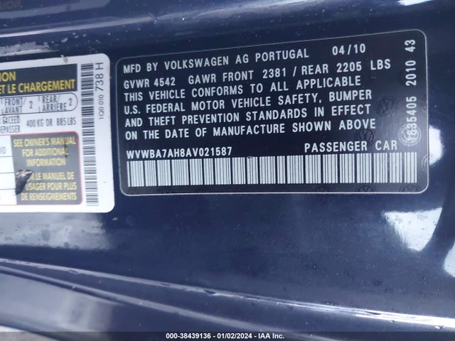 2010 VOLKSWAGEN EOS KOMFORT VIN: WVWBA7AH8AV021587