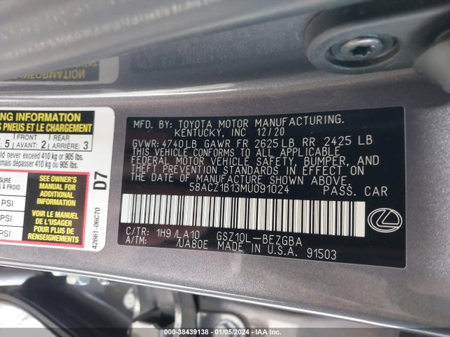58ACZ1B13MU091024 Lexus ES 350