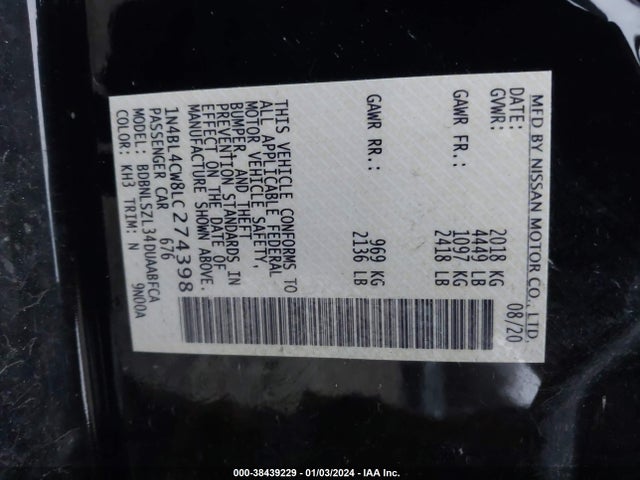 2020 NISSAN ALTIMA SR INTELLIGENT AWD VIN: 1N4BL4CW8LC274398
