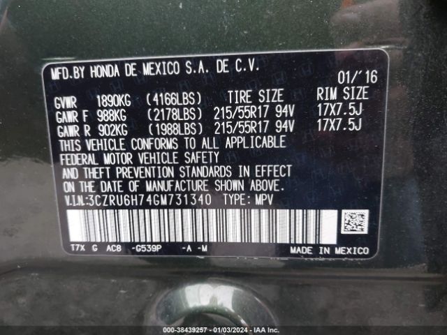 3CZRU6H74GM731340 Honda Hr-v Ex-l