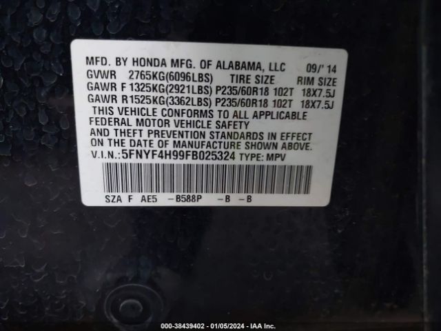 5FNYF4H99FB025324 Honda Pilot Touring