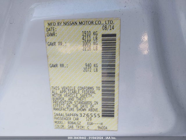 2015 NISSAN ALTIMA 2.5 S VIN: 1N4AL3AP4FN326555