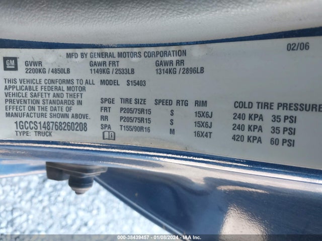 2006 CHEVROLET COLORADO WORK TRUCK VIN: 1GCCS148768260208
