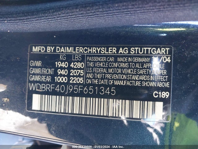 2005 MERCEDES-BENZ C 230 KOMPRESSOR SPORT VIN: WDBRF40J95F651345