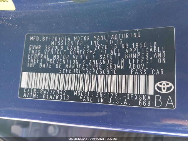 2014 TOYOTA COROLLA S PLUS VIN: 5YFBURHE3EP050910