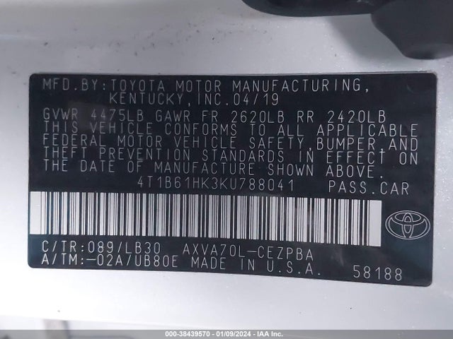 Toyota CAMRY XSE 2019 4T1B61HK3KU788041 Image 9