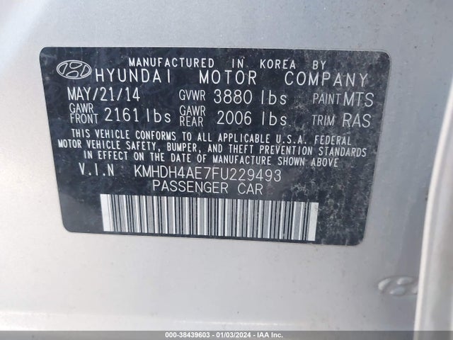 Auction sale of the 2015 Hyundai Elantra Se (ulsan Plant), vin: KMHDH4AE7FU229493, lot number: 38439603