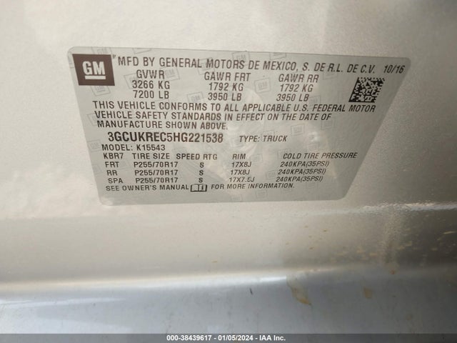 2017 CHEVROLET SILVERADO 1500 1LT VIN: 3GCUKREC5HG221538