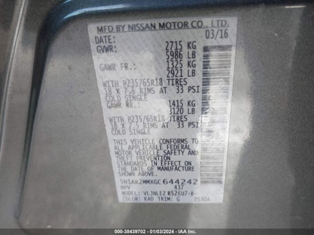 5N1AR2MMXGC644242 Nissan Pathfinder Sv