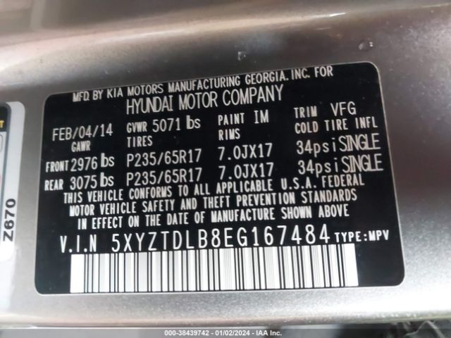 5XYZTDLB8EG167484 Hyundai Santa Fe Sport 2.4l