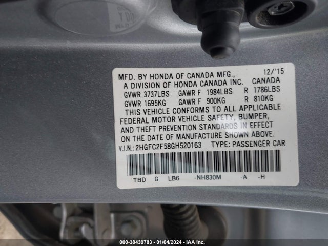 2016 HONDA CIVIC LX VIN: 2HGFC2F58GH520163