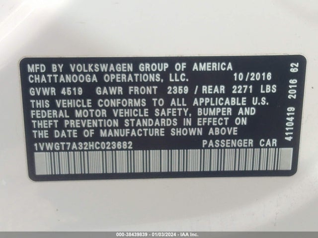 1VWGT7A32HC023682 Volkswagen Passat 1.8t Se