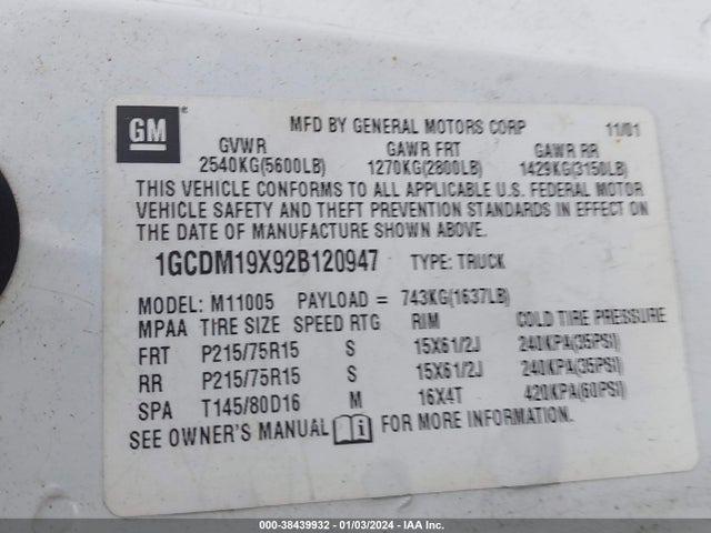 2002 CHEVROLET ASTRO VIN: 1GCDM19X92B120947