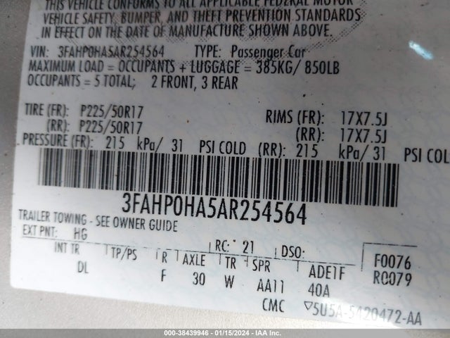 2010 FORD FUSION SE VIN: 3FAHP0HA5AR254564