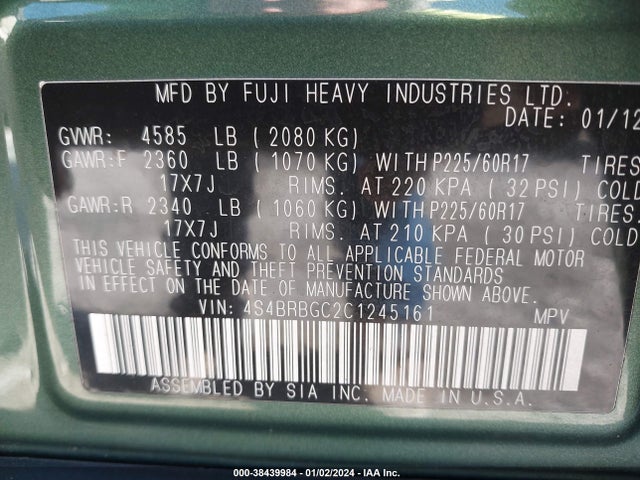 2012 SUBARU OUTBACK 2.5I PREMIUM VIN: 4S4BRBGC2C1245161