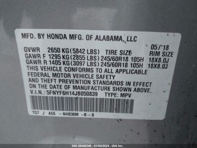 5FNYF6H14JB050839 Honda PILOT LX