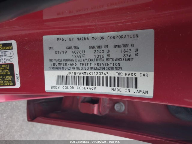 2019 MAZDA MAZDA3 PREFERRED PACKAGE VIN: JM1BPAMM8K1120343