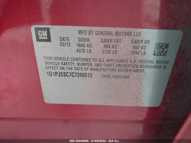 2012 CHEVROLET CRUZE ECO VIN: 1G1PJ5SC7C7286613