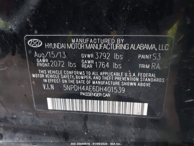 2013 HYUNDAI ELANTRA LIMITED VIN: 5NPDH4AE6DH401539