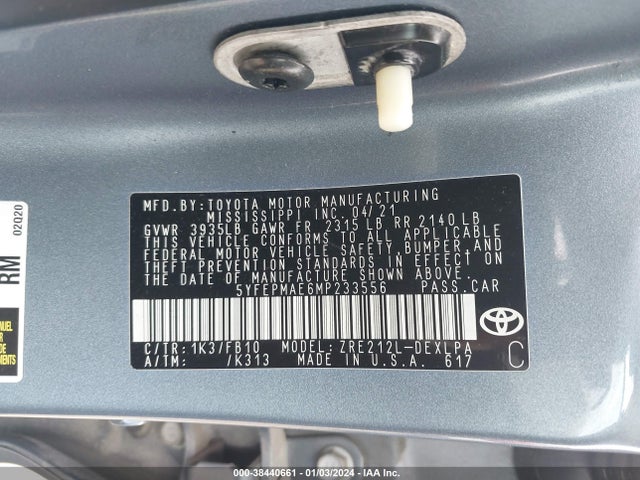 2021 TOYOTA COROLLA LE VIN: 5YFEPMAE6MP233556
