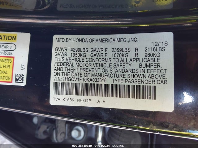 2019 HONDA ACCORD LX VIN: 1HGCV1F10KA033616