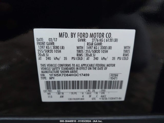 2017 FORD EXPLORER XLT VIN: 1FM5K7D84HGC17459
